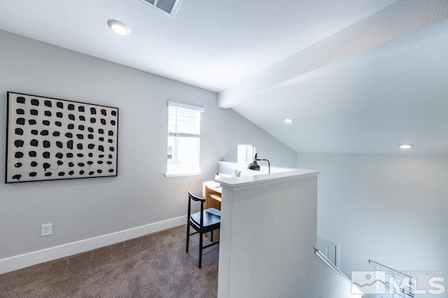 office space featuring dark carpet, baseboards, and recessed lighting