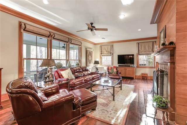 living room featuring dark hardwood / wood-style flooring, ceiling fan, and ornamental molding