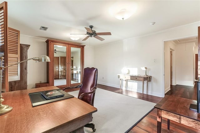 office featuring ceiling fan, crown molding, dark hardwood / wood-style floors, and french doors