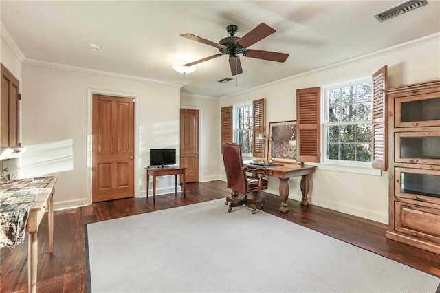 office featuring dark hardwood / wood-style floors, ornamental molding, and ceiling fan