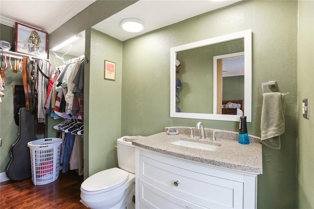 bathroom with toilet, large vanity, and hardwood / wood-style flooring