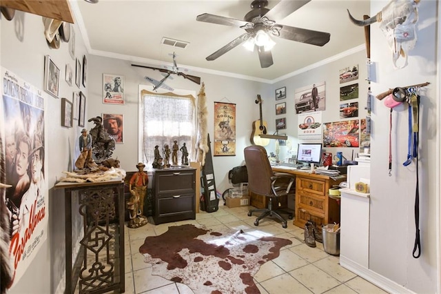 tiled home office with crown molding and ceiling fan