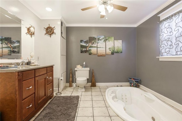 bathroom featuring toilet, oversized vanity, ceiling fan, crown molding, and tile flooring