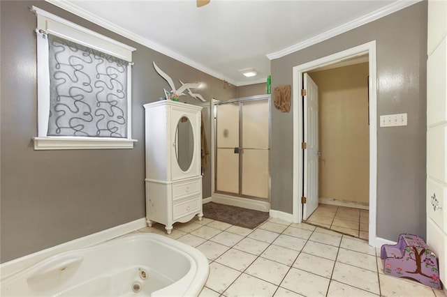 bathroom featuring tile floors, separate shower and tub, and crown molding