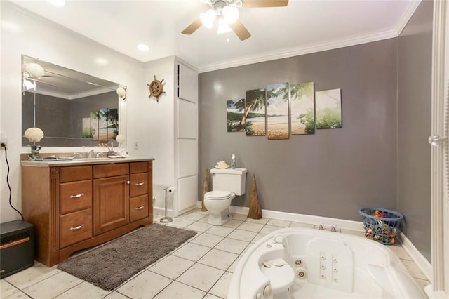 bathroom with vanity, tile floors, ceiling fan, and toilet