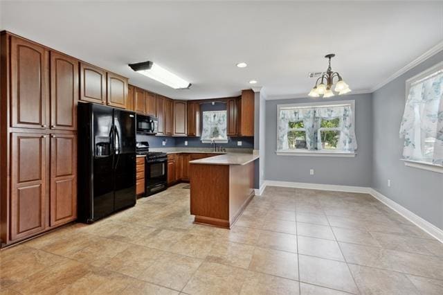 kitchen featuring an inviting chandelier, hanging light fixtures, range with electric cooktop, light tile floors, and black fridge