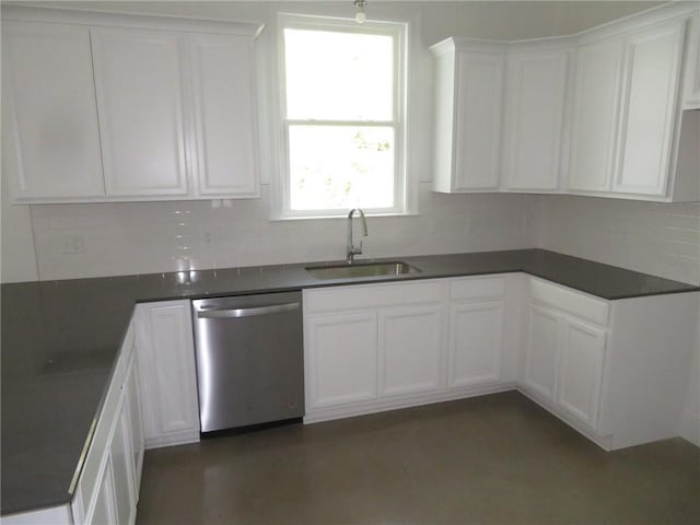 kitchen with white cabinets, dishwasher, sink, and tasteful backsplash