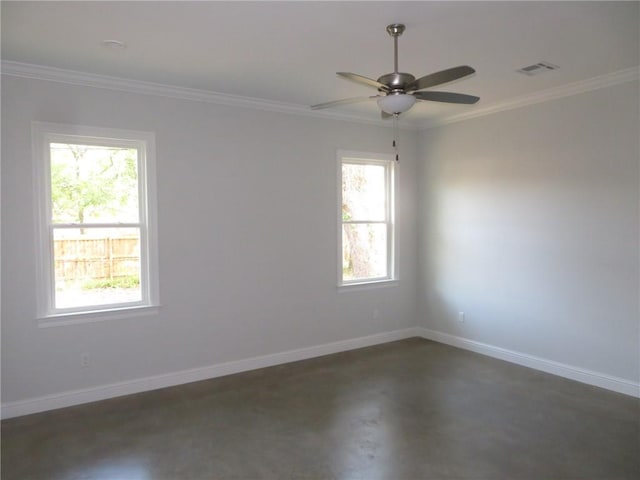 empty room with ornamental molding and ceiling fan