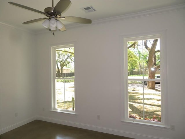 unfurnished room with crown molding, ceiling fan, and a wealth of natural light