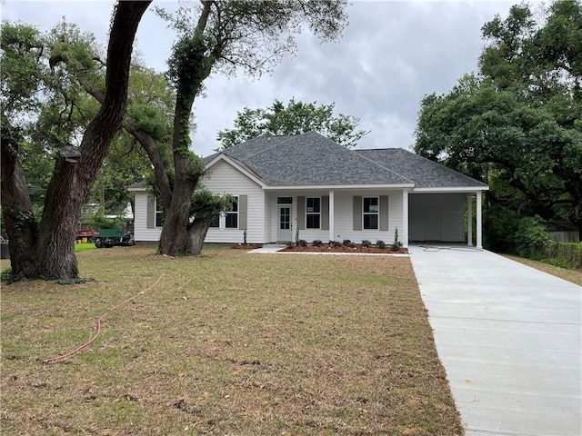 single story home with a front lawn, a carport, and a porch