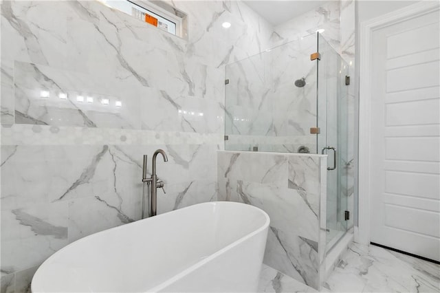 bathroom featuring tile walls, tile floors, and separate shower and tub