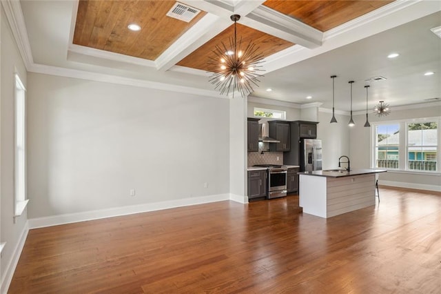 kitchen featuring a notable chandelier, hanging light fixtures, tasteful backsplash, and stainless steel appliances