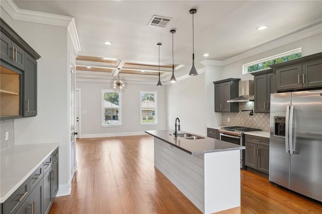 kitchen featuring sink, ornamental molding, appliances with stainless steel finishes, light hardwood / wood-style floors, and coffered ceiling