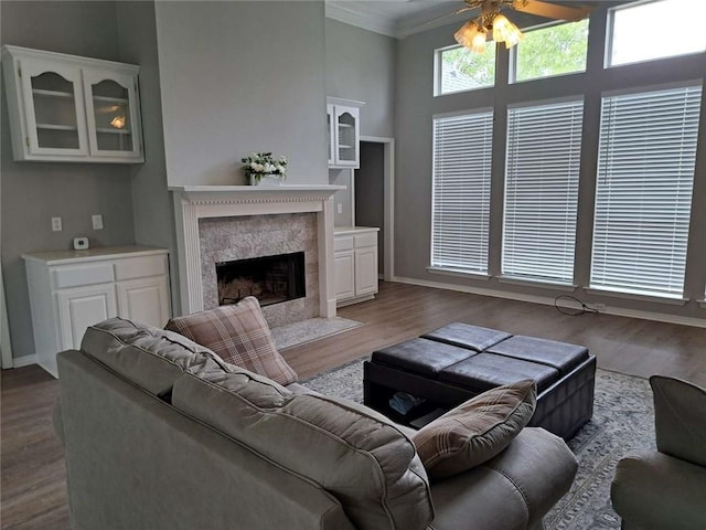 living room featuring ornamental molding, dark wood-type flooring, ceiling fan, and a fireplace