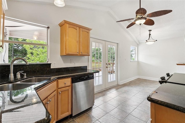 kitchen featuring lofted ceiling, ceiling fan, sink, dishwasher, and french doors