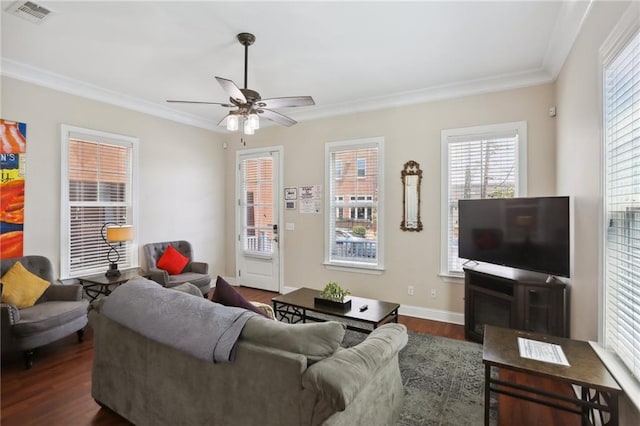 living room with dark hardwood / wood-style flooring, ceiling fan, and ornamental molding