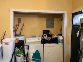 laundry area with washing machine and clothes dryer and water heater