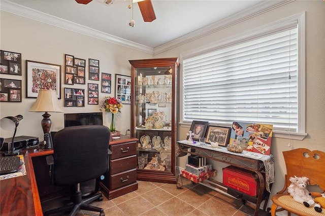 office featuring ceiling fan, crown molding, and light tile floors