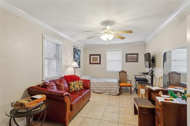 tiled living room featuring ceiling fan and crown molding