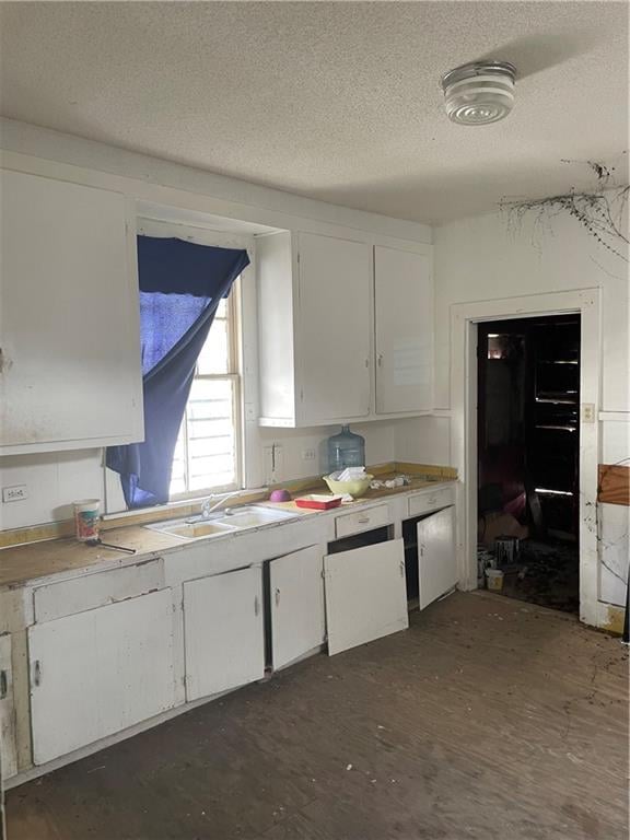 kitchen featuring sink, dark wood-type flooring, white cabinetry, and a textured ceiling