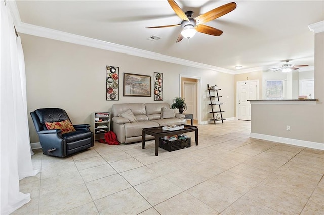 tiled living room with ceiling fan and ornamental molding