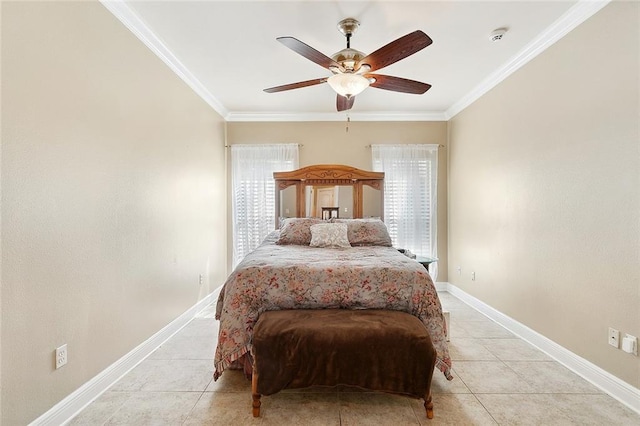 bedroom with light tile floors, ceiling fan, and ornamental molding