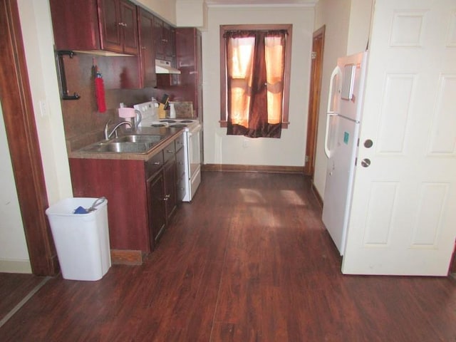 3701 Elysian Fields Ave, New Orleans, LA 70122 - kitchen with dark hardwood / wood-style floors, tasteful backsplash, sink, and white appliances