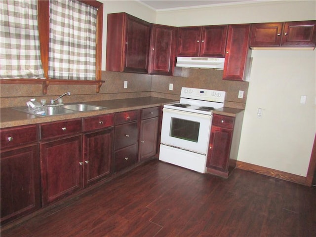 3701 Elysian Fields Ave, New Orleans, LA 70122 - kitchen with sink, white electric range oven, backsplash, and dark hardwood / wood-style flooring