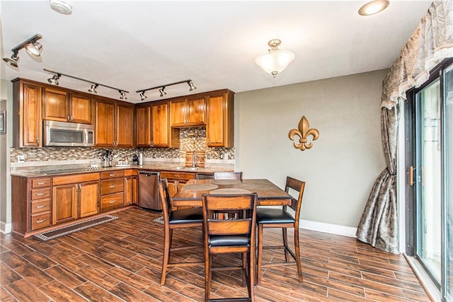 kitchen featuring backsplash, rail lighting, stainless steel appliances, and sink