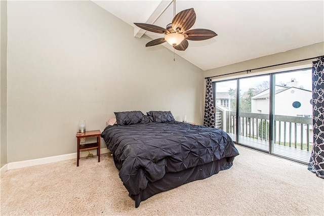 carpeted bedroom with ceiling fan, lofted ceiling, and access to exterior