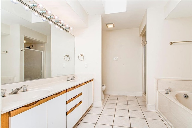 full bathroom featuring independent shower and bath, tile floors, toilet, and dual bowl vanity