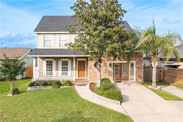 view of front of property with covered porch and a front yard