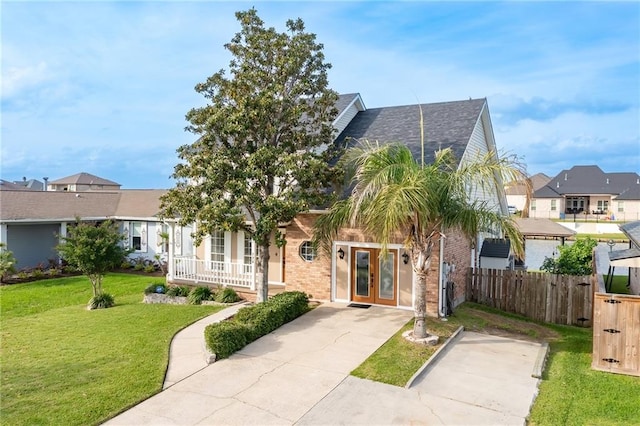 view of front of property featuring a front yard and french doors