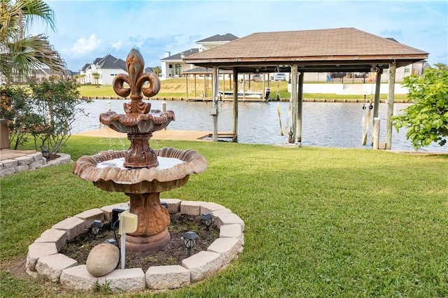 dock area featuring a water view and a lawn