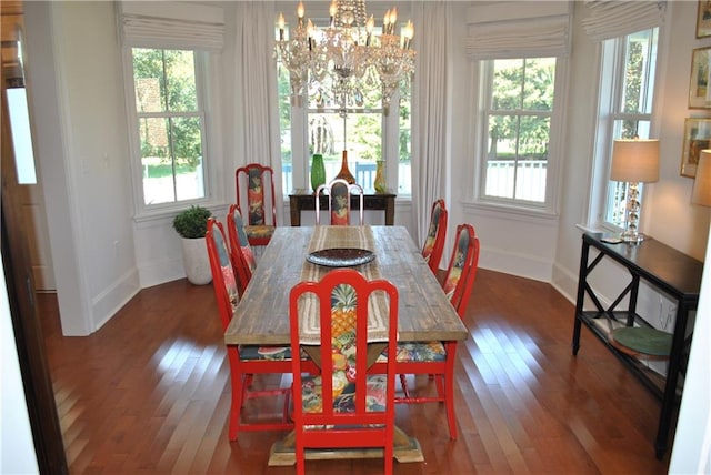 dining space with plenty of natural light, a chandelier, and dark hardwood / wood-style floors