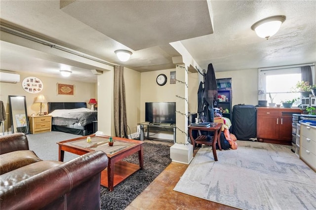 living room featuring a textured ceiling and a wall mounted air conditioner