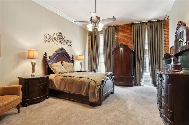 bedroom featuring ceiling fan, ornamental molding, light carpet, and access to exterior