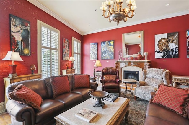 living room featuring a premium fireplace, ornamental molding, and a chandelier