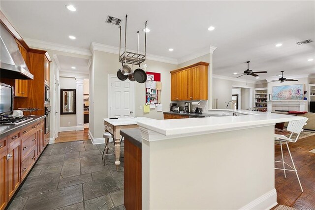 kitchen with kitchen peninsula, ceiling fan, dark hardwood / wood-style flooring, appliances with stainless steel finishes, and a breakfast bar