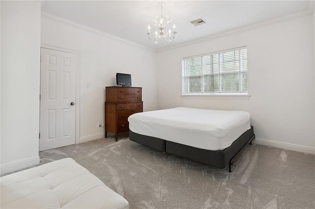 bedroom featuring a notable chandelier, ornamental molding, and light carpet