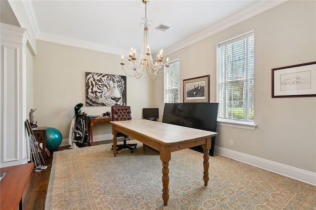 office area featuring crown molding, an inviting chandelier, and a wealth of natural light