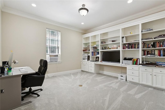 office with crown molding and light carpet