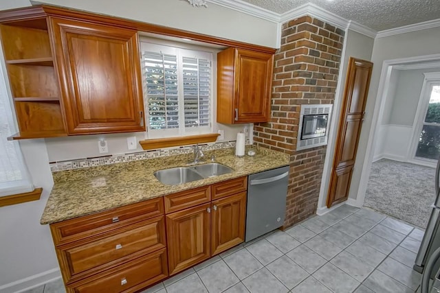 kitchen with open shelves, ornamental molding, a sink, a textured ceiling, and dishwasher