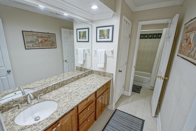 bathroom featuring baseboards, tile patterned floors, shower / bath combo with shower curtain, crown molding, and vanity