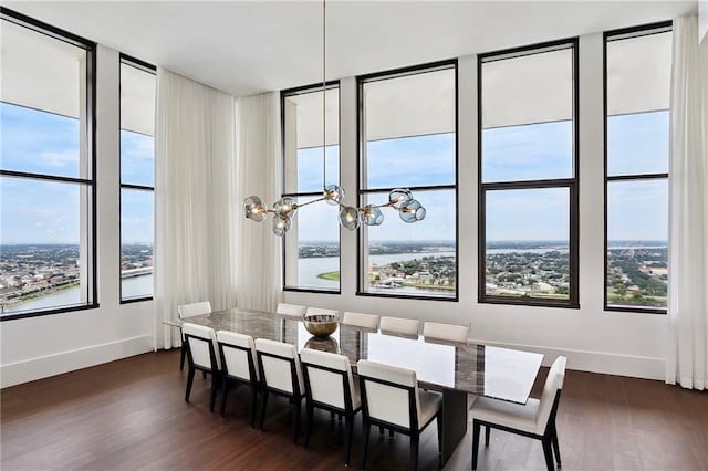 dining space featuring dark wood-type flooring, a water view, a healthy amount of sunlight, and expansive windows