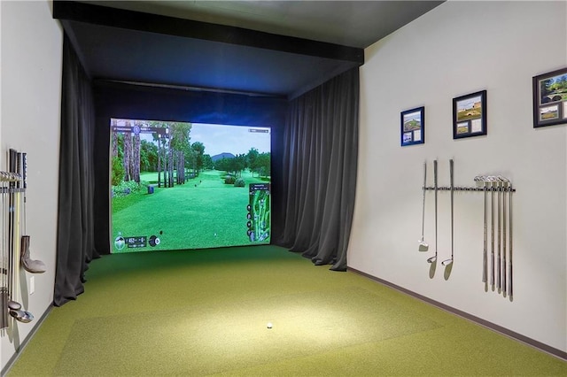 rec room with golf simulator and carpet