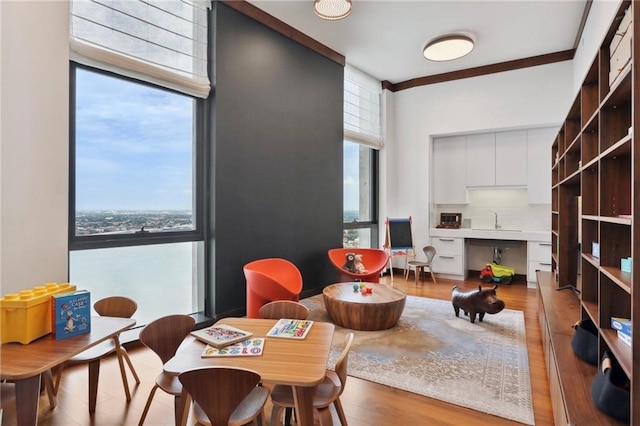 living area with sink, light hardwood / wood-style floors, and expansive windows