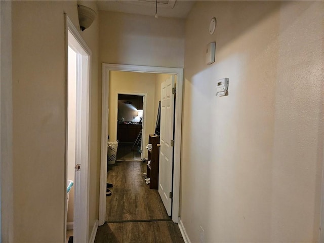 corridor featuring dark wood-type flooring