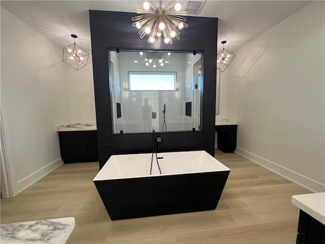 bathroom with plus walk in shower, vanity, and hardwood / wood-style flooring