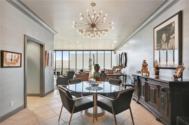 dining room featuring expansive windows, light tile patterned floors, a notable chandelier, and ornamental molding